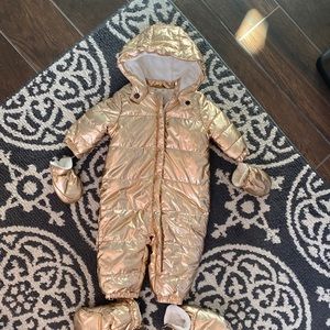 Gymboree, Rose gold snowsuit with booties and mittens.